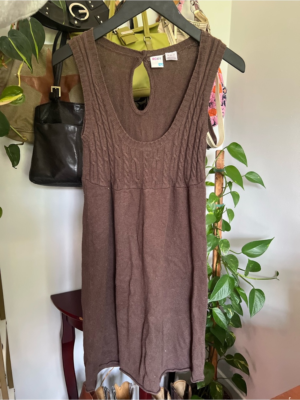 Vintage Roxy Brown Cable-Knit Scoop Neck Sleeveless Top